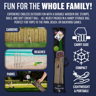New Cricket Set Bat Ball Wooden Wickets With Mesh Carry Bag Garden Kids Fun Park Family Play Size 3 Outdoor Game