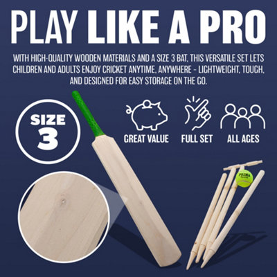 New Cricket Set Bat Ball Wooden Wickets With Mesh Carry Bag Garden Kids Fun Park Family Play Size 3 Outdoor Game