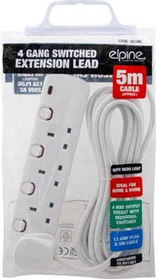 New Extension Lead Cord Uk Cable Electric Mains Power Gang 4 Way Protected Tower 3 Pin Multi Socket Plug Amp