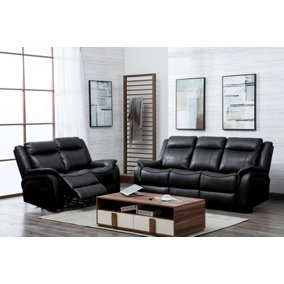 New Hampshire Black 2 Piece Leather Aire Reclining Sofa Suite Recliner 3 Seater and 2 Seater