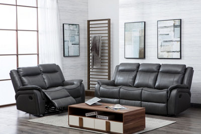 New Hampshire Grey 2 Piece Leather Aire Reclining Sofa Suite Recliner 3 Seater and 2 Seater