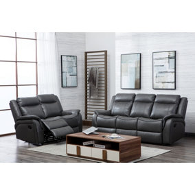New Hampshire Grey 2 Piece Leather Aire Reclining Sofa Suite Recliner 3 Seater and 2 Seater