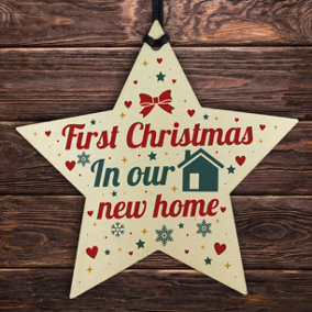 New Home Christmas Tree Wooden Star Bauble Gift Xmas Decoration