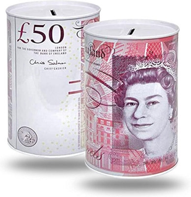 New Pound Note Money Tin Jar 50 Notes Coins Piggy Bank Jar Tin Saving Cash