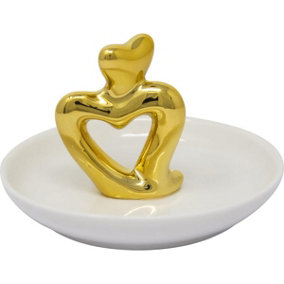 New Set Of 2 Double Heart Trinket Dish Golden Rings Jewellery Gift Necklace Plate Ceramic