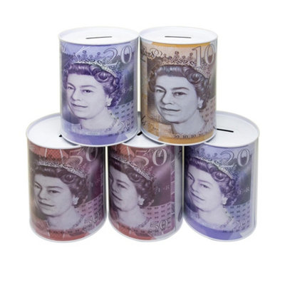 New Set Of 4 Pound Notes Money Coin Jar Small Piggy Bank Tin Saving 15cm Store Coins Sterling Note Saver