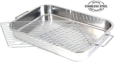 Stainless Steel Deep Roasting Tray Oven Pan Grill Rack Baking Roaster Tin  Tray