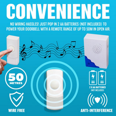 New Wire Free Battery Operated Door Bell Kit 50m Range Waterproof Ring Chime Home - 7