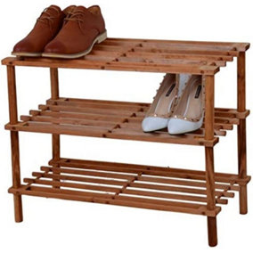 New Wooden Shoe Rack Footwear Storage Organiser Unit Shelf Tier Slated New Walnut Effect, 3 Tier