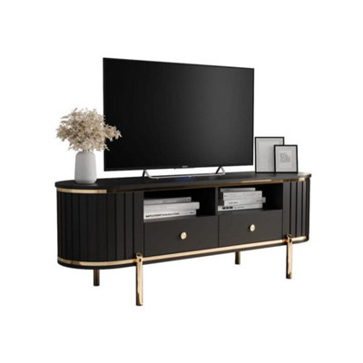 New York 151cm TV Cabinet in Sleek Black - Contemporary Entertainment Unit with Ribbed Fronts and Metal Accents