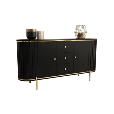 New York 181cm Sideboard in Sleek Black - Spacious Storage with Curved Ribbed Fronts