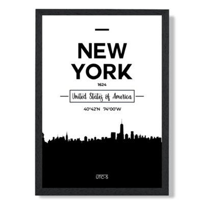 New York Black and White City Skyline Art Print with Black Frame SIZE: A4