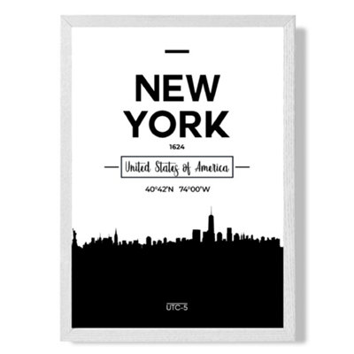 New York Black and White City Skyline Art Print with White Frame SIZE: A4