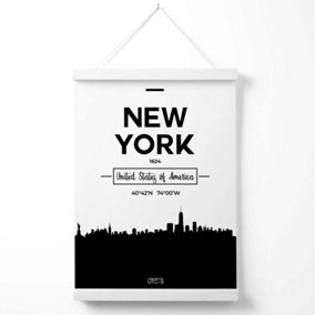 New York Black and White City Skyline Poster with Hanger / 33cm / White