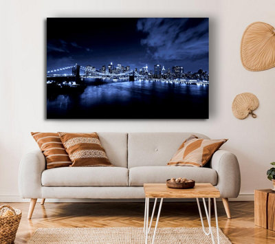 New York City Night Blues Glow Canvas Print Wall Art - Medium 20 x 32 Inches