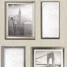 New York City Photo Frame Wallpaper Pearl Antique Gold Embossed Glitter Vintage