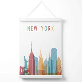 New York Colourful City Skyline Poster with Hanger / 33cm / White