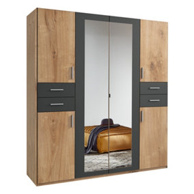 NEW YORK oak 4 door wardrobe with mirror and drawers