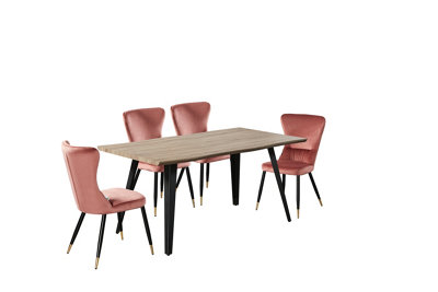 New York Rocco LUX Dining Set, a Table and Chairs Set of 4, Walnut/Pink