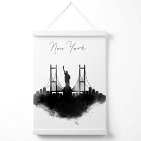 New York Watercolour Skyline City Poster with Hanger / 33cm / White