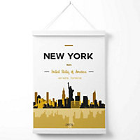 New York Yellow and Black City Skyline Poster with Hanger / 33cm / White