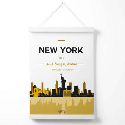 New York Yellow and Black City Skyline Poster with Hanger / 33cm / White