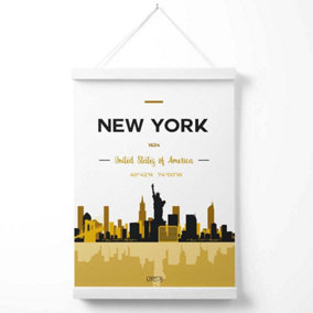 New York Yellow and Black City Skyline Poster with Hanger / 33cm / White