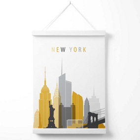 New York Yellow and Grey City Skyline Poster with Hanger / 33cm / White