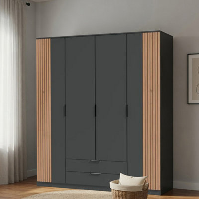 Newbury 4 Door Wardrobe with Drawers in Graphite with Oak Slat Effect