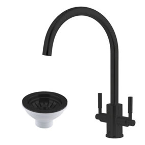Newbury Brass Matt Black Dual Lever Kitchen Sink Mixer Tap & Matching Basket Strainer Waste