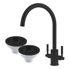 Newbury Brass Matt Black Dual Lever Kitchen Sink Mixer Tap & Two Matching Basket Strainer Wastes
