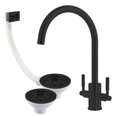 Newbury Brass Matt Black Dual Lever Kitchen Sink Mixer Tap with Matching Basket Strainer Waste & Square Overflow