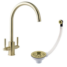 Newbury Brushed Brass Dual Lever Kitchen Sink Mixer & Basket Strainer (Round Overflow)