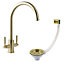 Newbury Brushed Brass Dual Lever Kitchen Sink Mixer & Basket Strainer (Square Overflow)