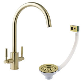Newbury Brushed Brass Dual Lever Kitchen Sink Mixer & Basket Strainer (Square Overflow)