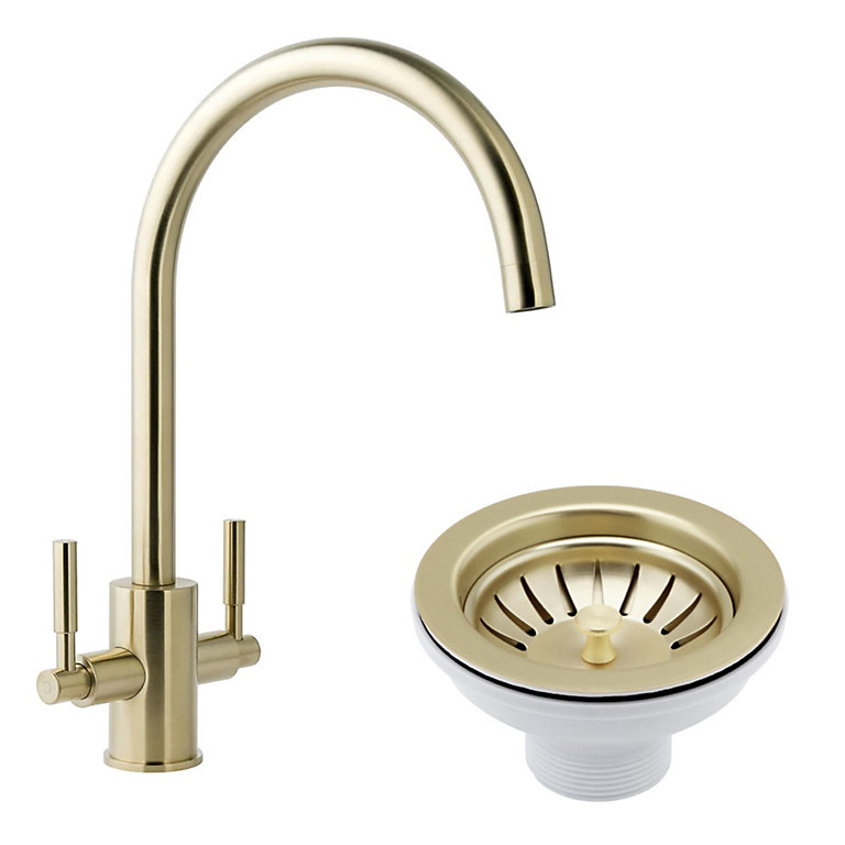 Newbury Brushed Brass Dual Lever Kitchen Sink Mixer & Basket Strainer Waste (No Overflow) | DIY at B&Q