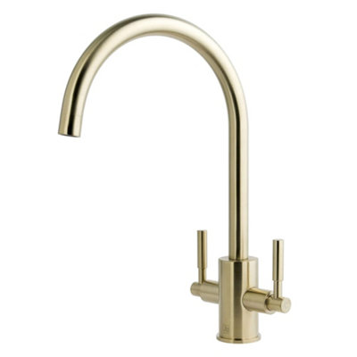 Newbury Brushed Brass Dual Lever Kitchen Sink Mixer & Basket Strainer Waste (No Overflow)