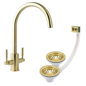 Newbury Brushed Brass Dual Lever Kitchen Sink Mixer & Square Overflow Waste Inc. Half Bowl Strainer