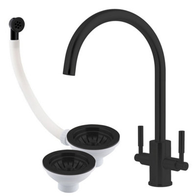 Newbury Matt Black Dual Lever Kitchen Mixer Tap & 90mm Strainer Waste Set