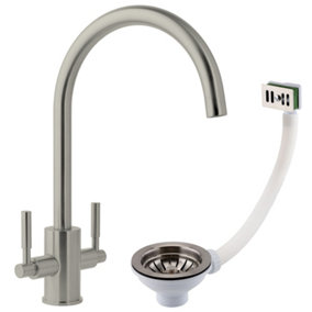 Newbury Stainless Steel Dual Lever Kitchen Sink Mixer & Basket Strainer (Square Overflow)