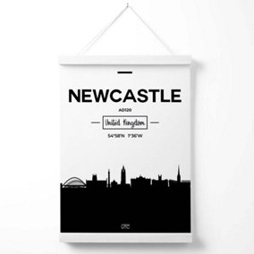 Newcastle Black and White City Skyline Poster with Hanger / 33cm / White