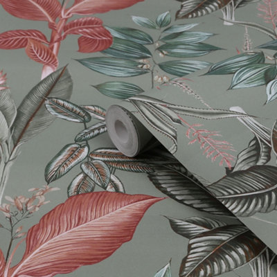 Next Rainforest Leaves Sage Floral Wallpaper