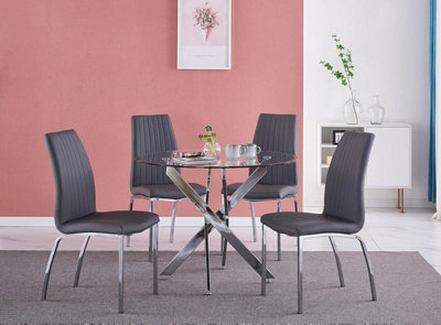 Nexus 4-seater 90cm Round Clear Glass Dining Table And 4 Modalux Grey ...