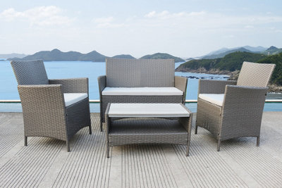 Nice 4 Piece Outdoor Sofa Grey Rattan Garden Set with Polywood