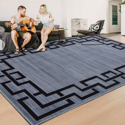 Nico Printed Rug Non Slip Large Area Rugs Greek Key Grey Pattern Modern ...
