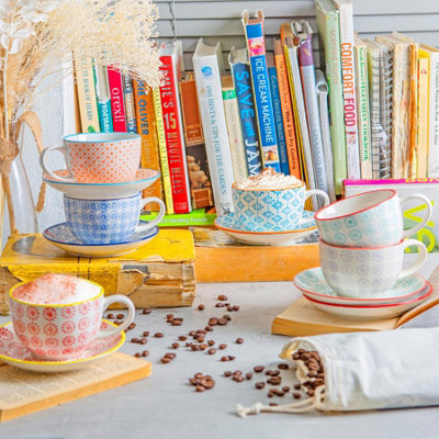 Nicola Spring 12 Piece Hand-Printed Cappuccino Cup & Saucer Set - 250ml ...