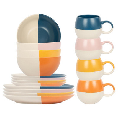 Nicola Spring 16pc Dipped Stoneware Dinner Set with Sphere Mugs Multicolour