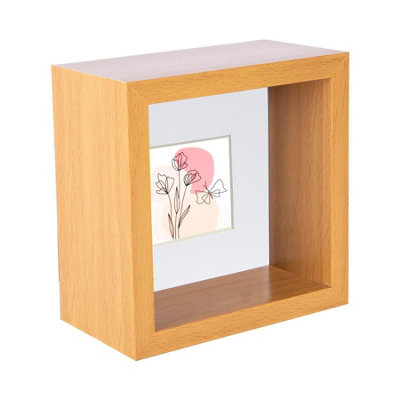 Nicola Spring 3D Deep Box Photo Frame - 4 x 4" with 2 x 2" Mount - Light Wood/White