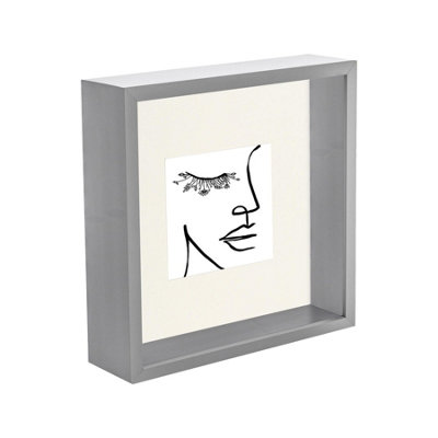 Nicola Spring 3D Deep Box Photo Frame with 4" x 4" Mount - 8" x 8" - Grey/Ivory