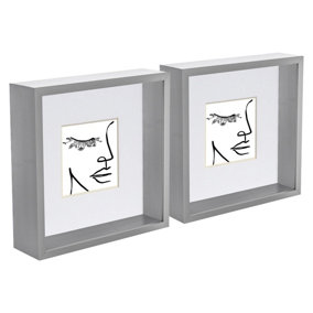 Nicola Spring 3D Deep Box Photo Frames with 4" x 4" Mounts - 8" x 8" - Grey/White - Pack of 2
